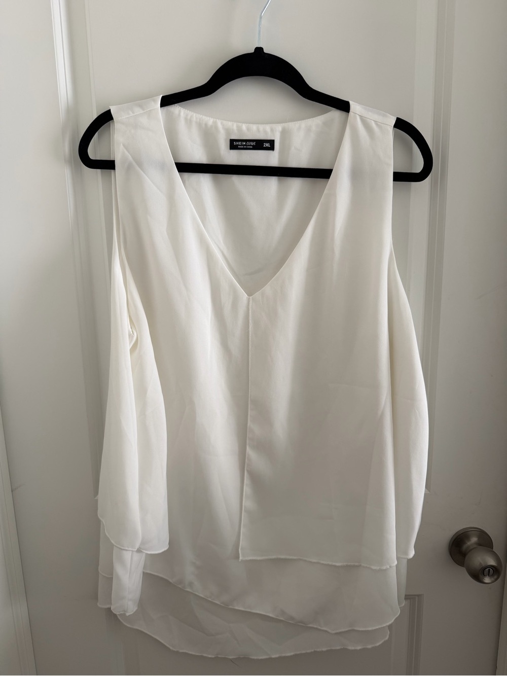 Shein White V-Neck Layered Cold-Shoulder Blouse